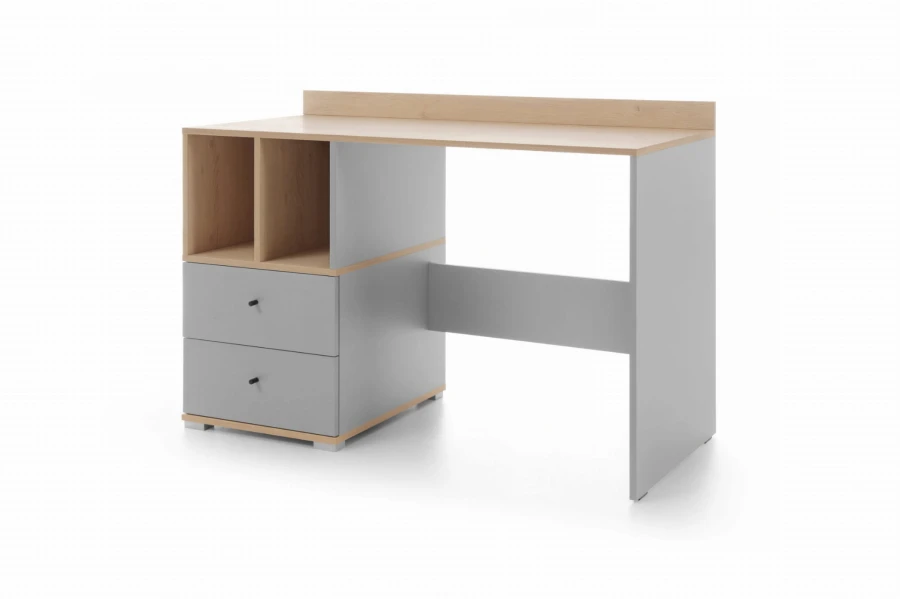 Moderner Schreibtisch in Grau und Eiche-Optik mit zwei Schubladen und offenen Fächern für das Kinderzimmer.