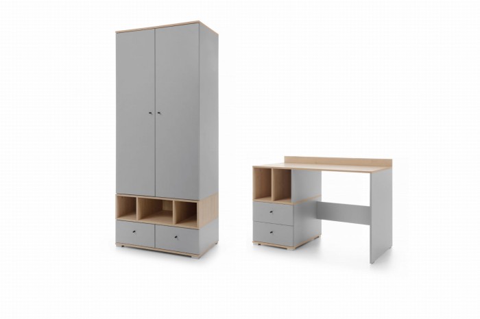 Modernes Möbel-Set für Jugendliche: Kleiderschrank und Schreibtisch in Grau und Eiche.