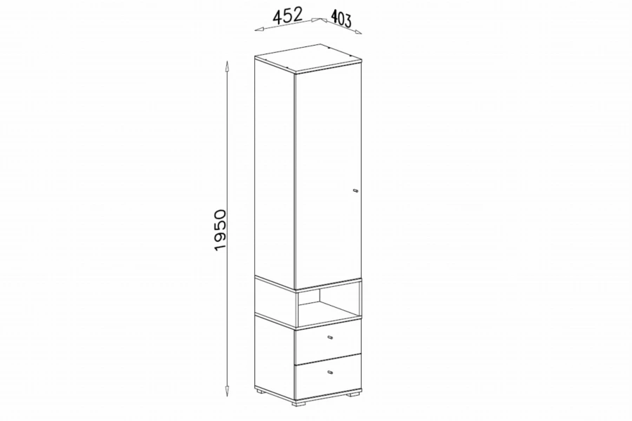 Technische Zeichnung Hochschrank 1950x452x403 mm mit Tür, Fach und Schubladen.