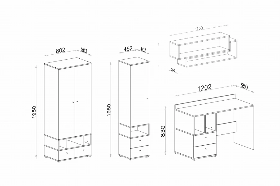 Technische Maßzeichnung mit Abmessungen für das graue Jugendzimmer Möbelset in Eichen-Optik.