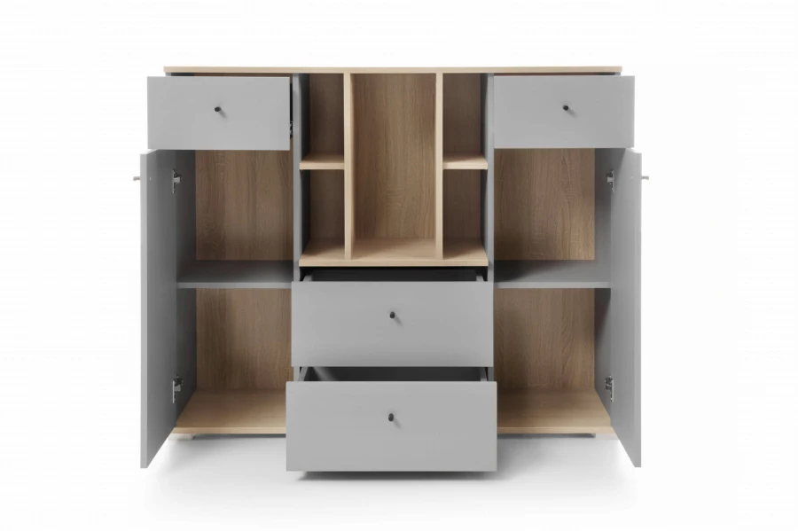 Breites Sideboard in Grau und Holzoptik mit weit geöffneten Türen und Schubladen.