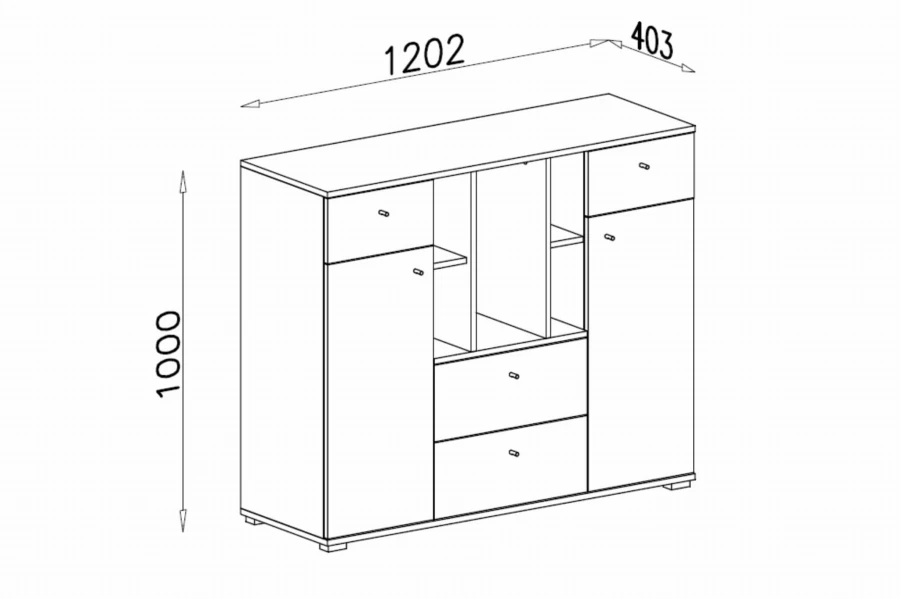 Abmessungen und Skizze für ein Sideboard, Breite 1202 mm, Höhe 1000 mm, Tiefe 403 mm.