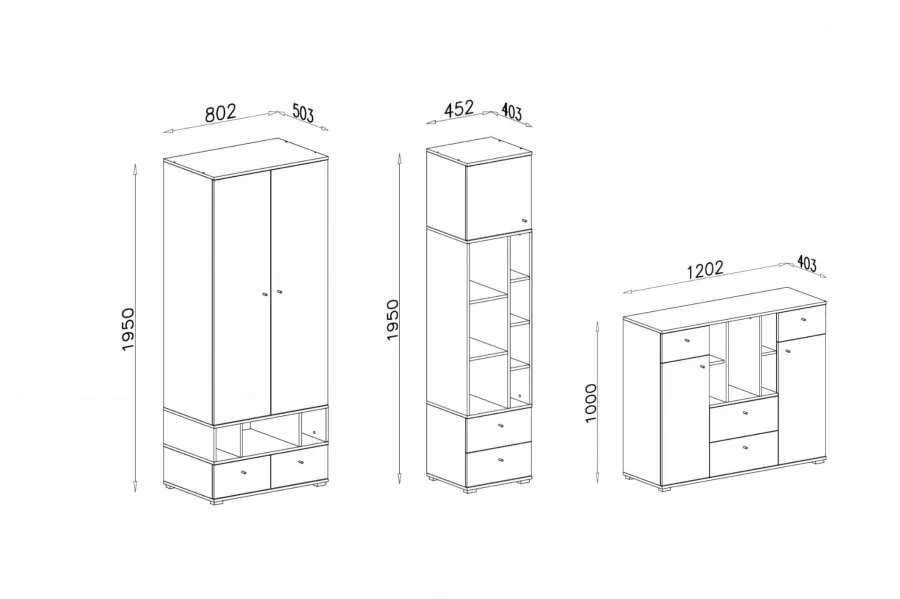 Technische Zeichnung mit Maßen für Kleiderschrank, Regal und Sideboard der Olaf-Serie.