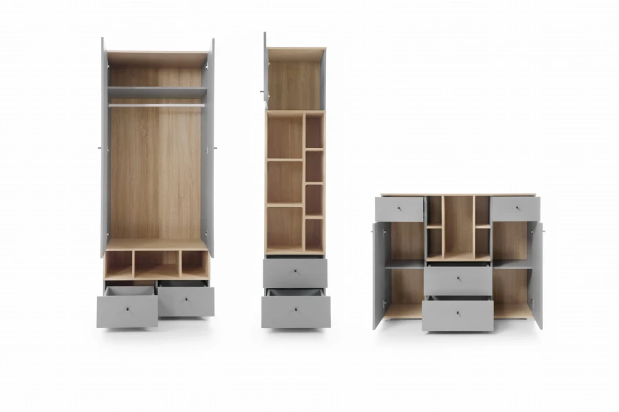Innenansicht Kleiderschrank, Regal und Kommode in Grau und Eichenoptik mit viel Stauraum.