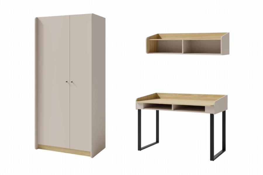 Modernes Jugendzimmer-Set bestehend aus Kleiderschrank, Schreibtisch und Wandregal.
