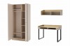 Offener Kleiderschrank mit praktischer Inneneinteilung neben Schreibtisch und Regal.
