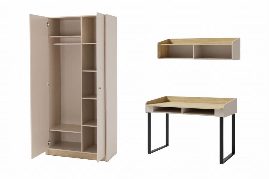 Offener Kleiderschrank mit praktischer Inneneinteilung neben Schreibtisch und Regal.