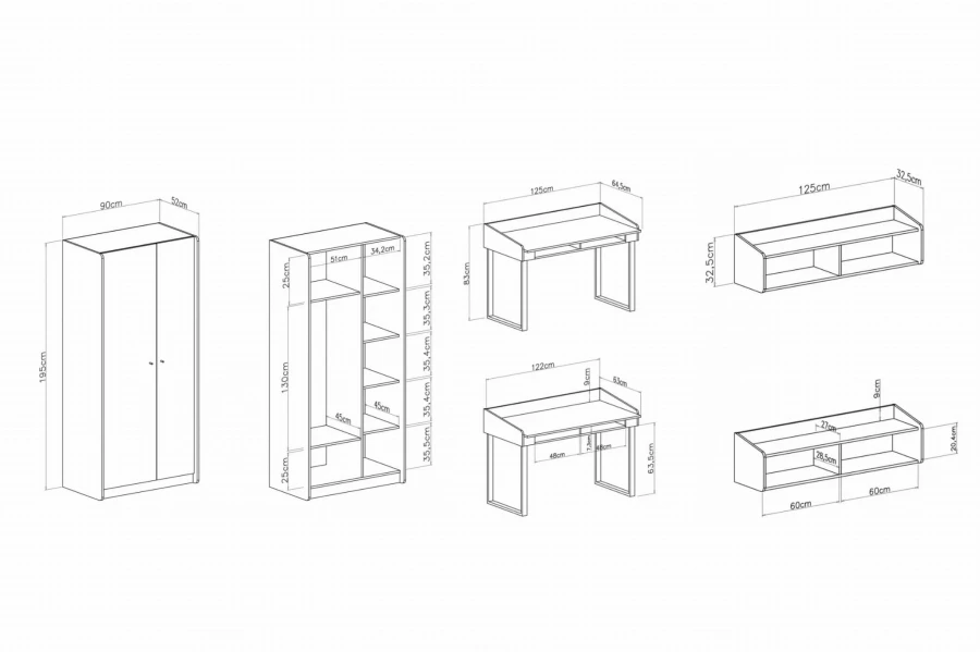Technische Zeichnung mit Maßen für Kleiderschrank, Schreibtisch und Wandboard.