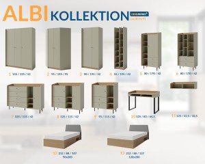 ALBI A Kinderzimmer-Set Jugendzimmer-Set Eukalyptus / Eiche Baltic Dune Kleiderschrank, Schreibtisch, Hängeregal Deine Möbel