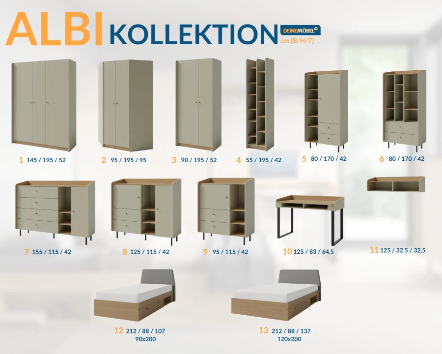 Möbelserie Albi: Komplette Kollektion mit Schränken, Betten und Regalen.