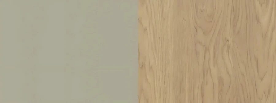 Detailansicht der Oberflächen: Holzmuster Eiche und matte beige Front.