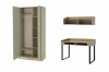 Möbel-Set in Salbeigrün: Offener Kleiderschrank, Schreibtisch und Wandregal aus Eiche.