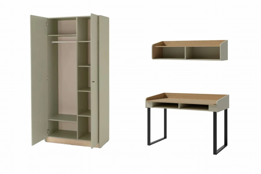 Möbel-Set in Salbeigrün: Offener Kleiderschrank, Schreibtisch und Wandregal aus Eiche.