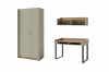 Zweiteiliger Kleiderschrank, Schreibtisch und Regal in modernem Design aus Holz und Grün.