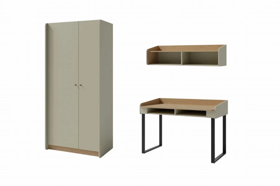 Zweiteiliger Kleiderschrank, Schreibtisch und Regal in modernem Design aus Holz und Grün.