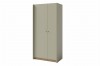 Zweitüriger Kleiderschrank in Salbeigrün mit Holzsockel, moderne Schlafzimmermöbel.