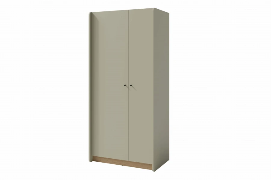 Zweitüriger Kleiderschrank in Salbeigrün mit Holzsockel, moderne Schlafzimmermöbel.