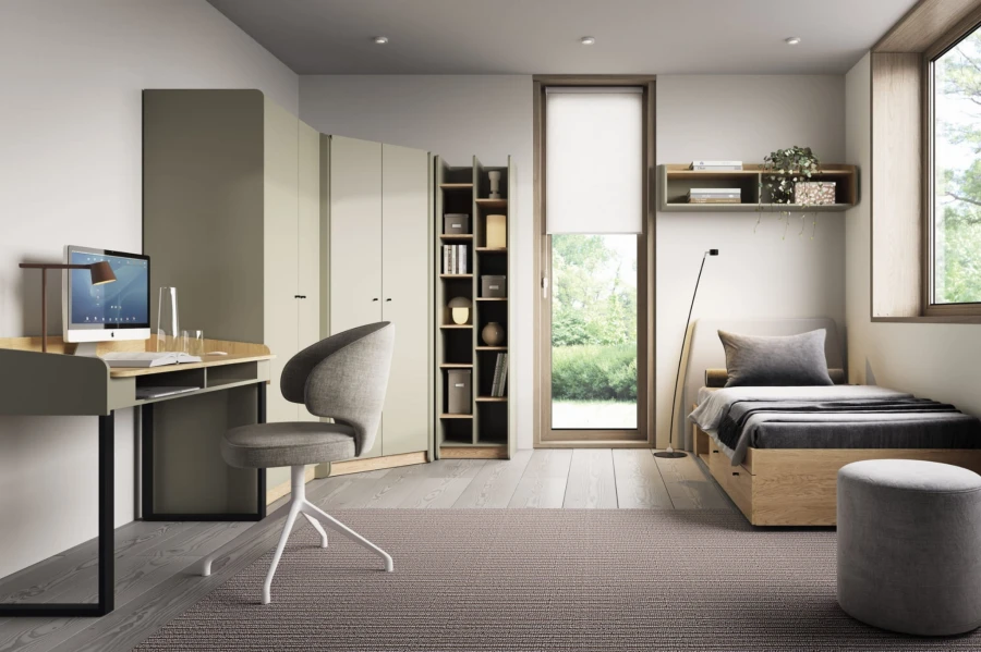 Komplettes Jugendzimmer-Set mit Schreibtisch, Bett und Schrank in Salbeigrün.