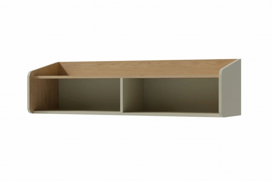 Modernes Wandregal Albi in Beige und Eiche-Optik mit zwei offenen Fächern für das Kinderzimmer.