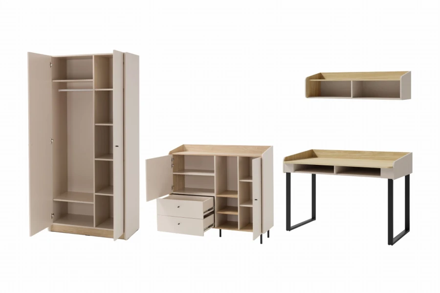 Möbelset in Beige und Eiche mit offenem Kleiderschrank, Sideboard, Schreibtisch und Wandregal