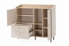 Modernes Sideboard in Beige und Eiche, offene Ansicht mit Stauraum und Schubladen.