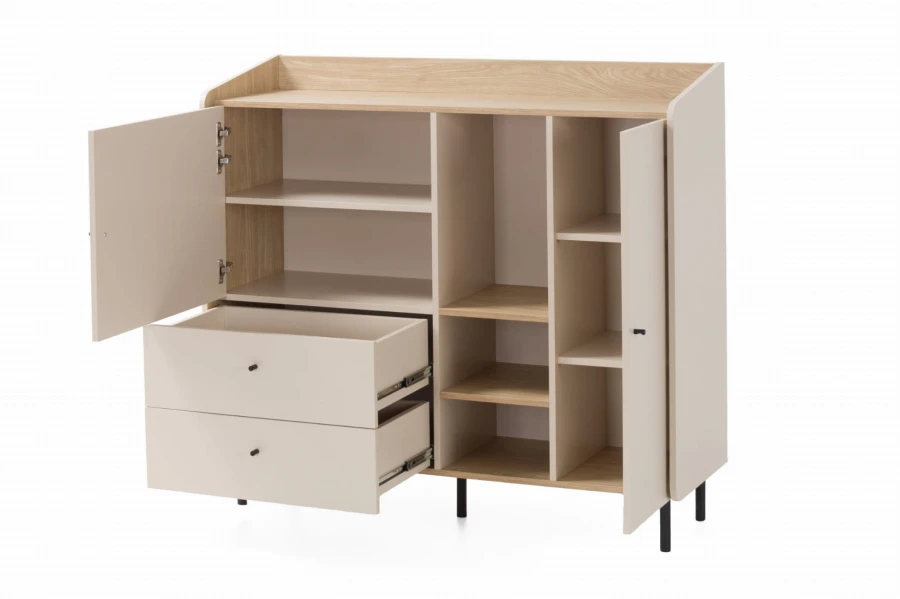 Beige Kommode mit Holzdekor, geöffneten Türen und Schubladen zur Ansicht der Innenaufteilung.