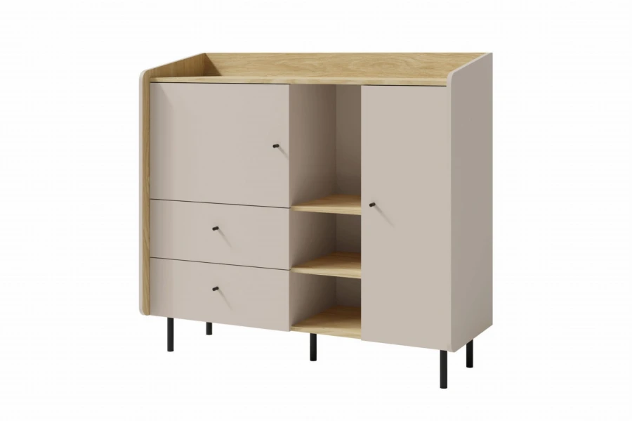 Elegante Kommode in Beige und Eiche mit schwarzen Metallfüßen, Frontansicht geschlossen.