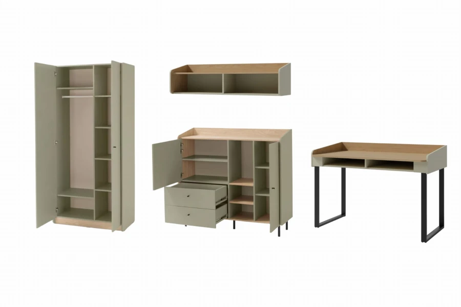 Möbelset bestehend aus Kleiderschrank, Kommode und Schreibtisch in Grau-Eiche.