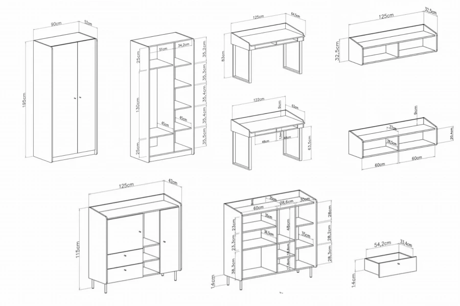 Technische Zeichnungen mit Maßen für Kleiderschrank, Schreibtisch, Regal und Kommode.