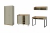 Möbelset in Salbeigrün und Eiche: Kleiderschrank, Kommode, Schreibtisch und Wandregal für das Jugendzimmer.