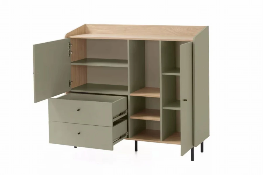 Offenes Sideboard mit viel Stauraum, verstellbaren Einlegeböden und zwei geräumigen Schubladen.