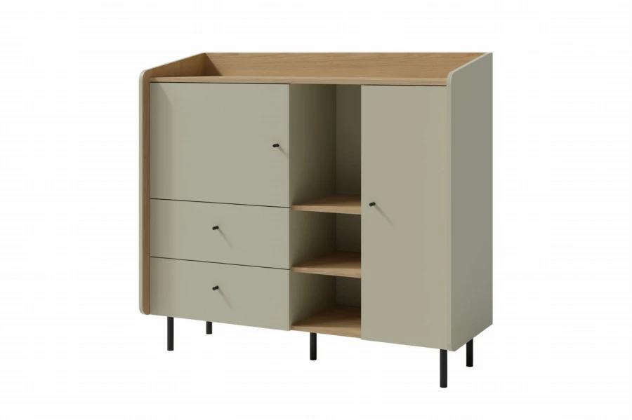 Stilvolles Sideboard in Salbeigrün und Eiche mit schwarzen Metallfüßen für das moderne Wohnen.
