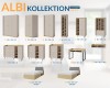 Möbelkollektion Albi: Übersicht über Schränke, Betten und Kommoden mit Abmessungen.