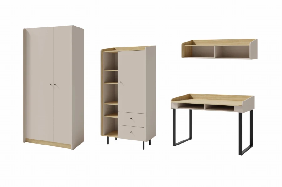 Modernes Jugendzimmer Möbelset in Beige und Eiche mit Schreibtisch und Schrank.