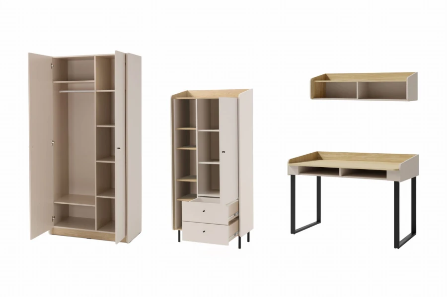 Funktionales Möbelset mit offenem Kleiderschrank und Regal zur Stauraumansicht.