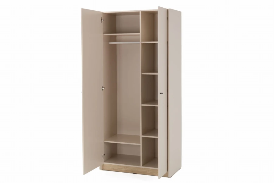 Moderner Kleiderschrank in Beige, offen mit Kleiderstange und Regalfächern für optimale Organisation.