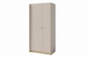 Zweitüriger Kleiderschrank in Beige mit minimalistischem Design und Holzsockel für das Schlafzimmer.