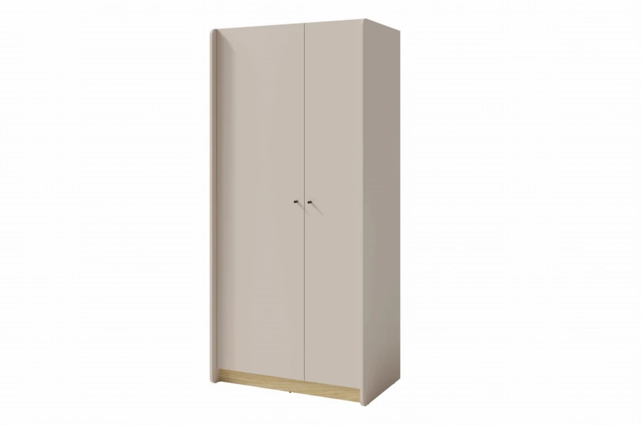 Zweitüriger Kleiderschrank in Beige mit minimalistischem Design und Holzsockel für das Schlafzimmer.