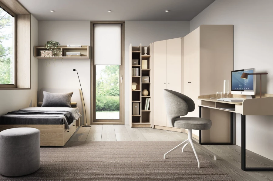 Modernes Jugendzimmer-Set in Beige mit Kleiderschrank, Schreibtisch und gemütlichem Bett in hellem Design.