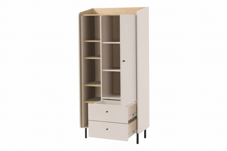 Moderner Kleiderschrank in Beige und Eiche-Optik mit offenen Regalen und zwei Schubladen.