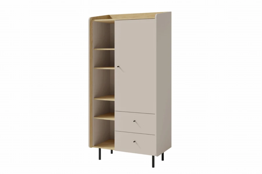 Kombischrank in Beige für Kinderzimmer mit seitlichem Regal und schwarzen Metallfüßen.