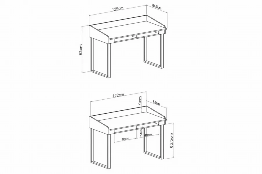 Technische Maße für einen Schreibtisch: 125 cm Breite und 83 cm Höhe in der Übersicht.