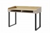 Stilvoller Schreibtisch in Beige und Holzoptik mit zwei offenen Fächern und Metallbeinen.