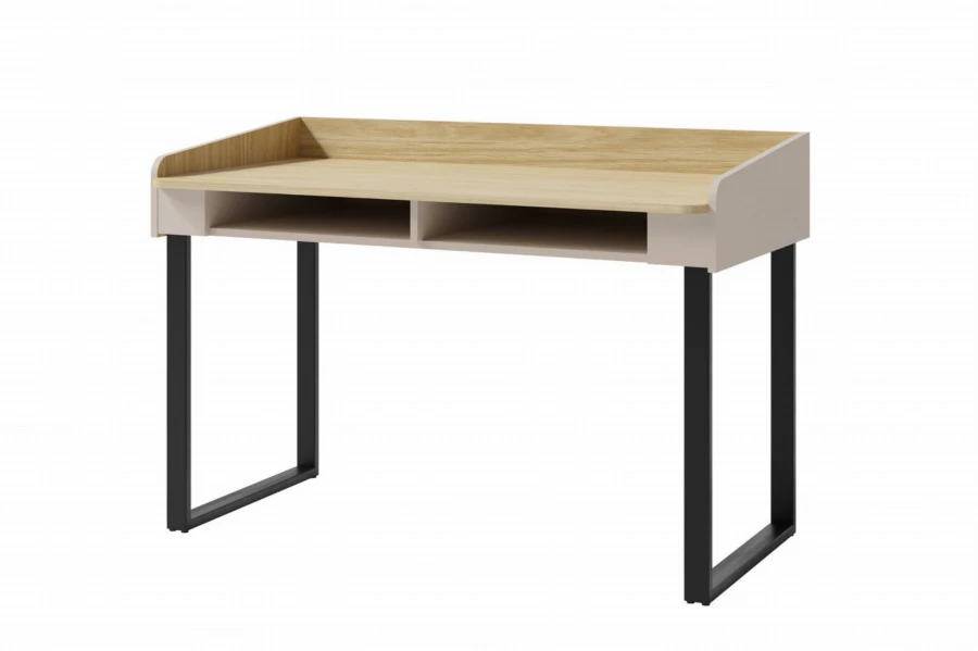 Stilvoller Schreibtisch in Beige und Holzoptik mit zwei offenen Fächern und Metallbeinen.