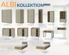 Übersicht der Albi Möbel-Kollektion mit verschiedenen Schränken, Kommoden und Betten inklusive Maßen.
