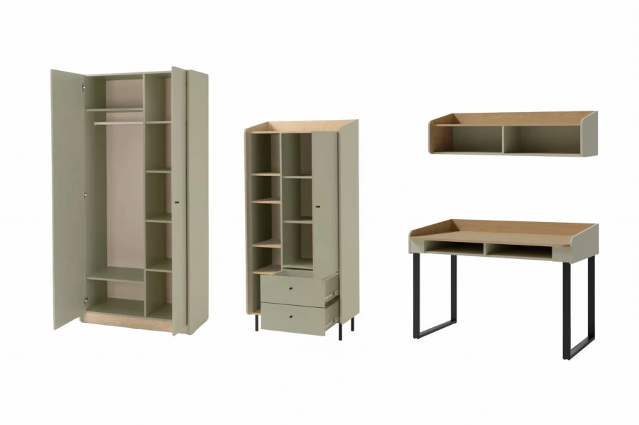 Einrichtungsbeispiel der Albi Serie mit offenem Schrank, Kommode, Schreibtisch und Regal.
