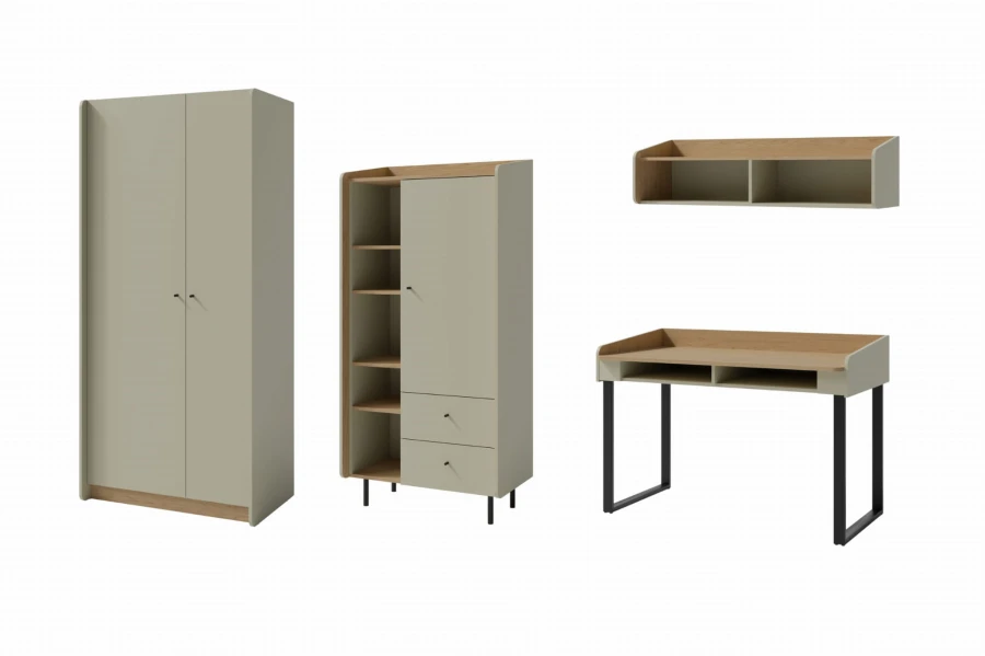 Modernes Kindermöbelset in Salbeigrün und Holzoptik bestehend aus Schrank, Regal, Schreibtisch und Wandboard.