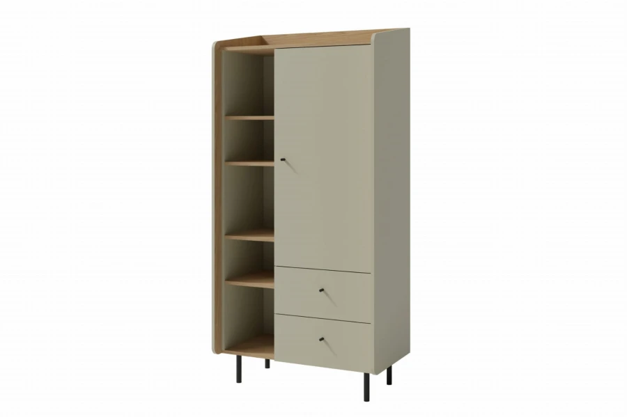 Stilvoller Hochschrank mit offenen Regalfächern, einer Tür und zwei Schubladen in modernem Grau-Grün-Design.
