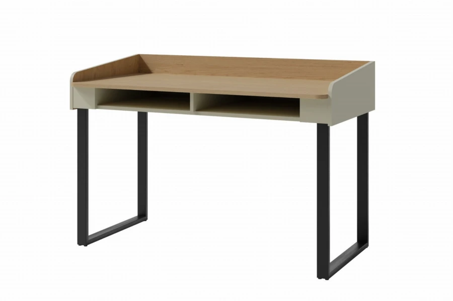 Moderner Schreibtisch in Eiche und Grau mit schwarzen Metallkufen und praktischen Ablagefächern.