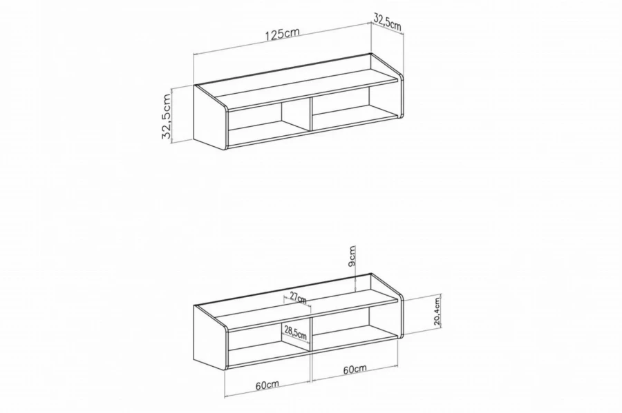 Technische Zeichnung Wandregal mit Maßen: 125cm Breite, 32,5cm Höhe, zweigeteilte Ablageflächen.